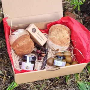 La imagen muestra un paquete de productos gourmet de la marca VERNA. Dentro del paquete se pueden ver varios elementos: Un paquete de Xanadrinas, que son pastas de mantequilla y algarroba elaboradas con huevos de gallinas felices asturianas y km 0 (ecopitas). Un pan Seronda, un pan elaborado con harina de castaña ecológica asturiana del concejo de Tineo (Bosqfrut). Un pan con boletus confitados en aceite de oliva, un producto gourmet elaborado por VERNA. Un tarro de mermelada Kiwin BIO sin azúcar añadido de Finca TerrAmor, cosecha 2024. Un tarro de miel de Valdabia, cosecha 2024. Todos estos productos forman parte de un pack artesanal y de alta calidad, lleno de sabores auténticos y elaborados con ingredientes locales y ecológicos.