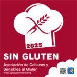 Un logotipo de la asociación de celíacos y sensibles al gluten de Madrid. El logotipo muestra un gorro de chef blanco con un tallo de trigo dorado en el centro, sobre un fondo rojo oscuro. Debajo del gorro de chef está el texto "2025 SIN GLUTEN" en blanco. Más abajo, en el centro, está el texto "Asociación de Celíacos y Sensibles al Gluten" en blanco. A la izquierda del texto hay un enlace al sitio web "www.celiacosmadrid.org" y a la derecha un código QR y un icono de una mano sosteniendo un tallo de trigo.