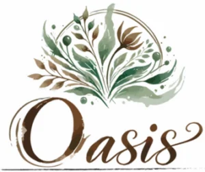 Logo del Herbolario Oasis, tienda de productos ecológicos BIO y sin gluten, con diseño vegetal en tonos verdes y naturales