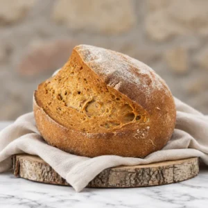 Pan de Quinoa sin gluten artesanal de VERNA, elaborado con quinoa integral molida en molino de piedra, con corteza dorada sobre tabla de madera